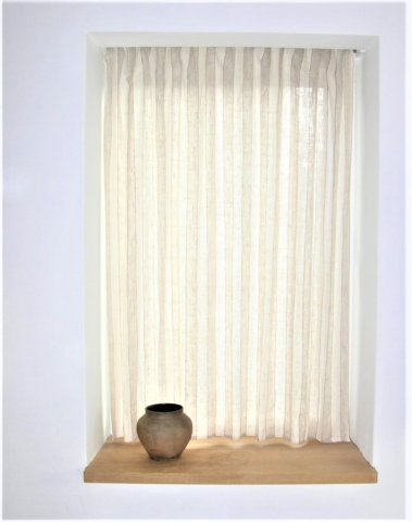 Deep ash window sill, DIY linen curtains, vintage pot