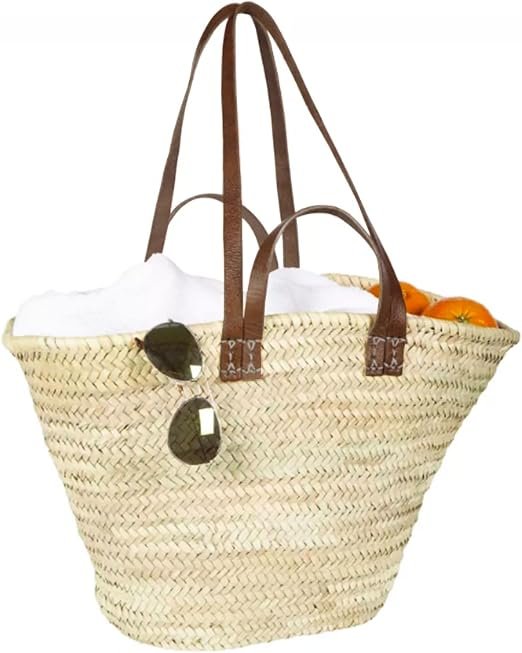 FRENCH BASKET with double flat leather handles, straw bag, beach bag, basket bag, shopping basket, straw market basket