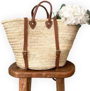French Basket Backpack with Leather Strap, Straw Backpack, Beach Bag, Hipster Style,