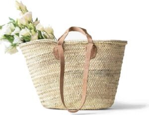 French Market Basket with Double Flat Leather Handle, Handmade Straw Tote for Shopping